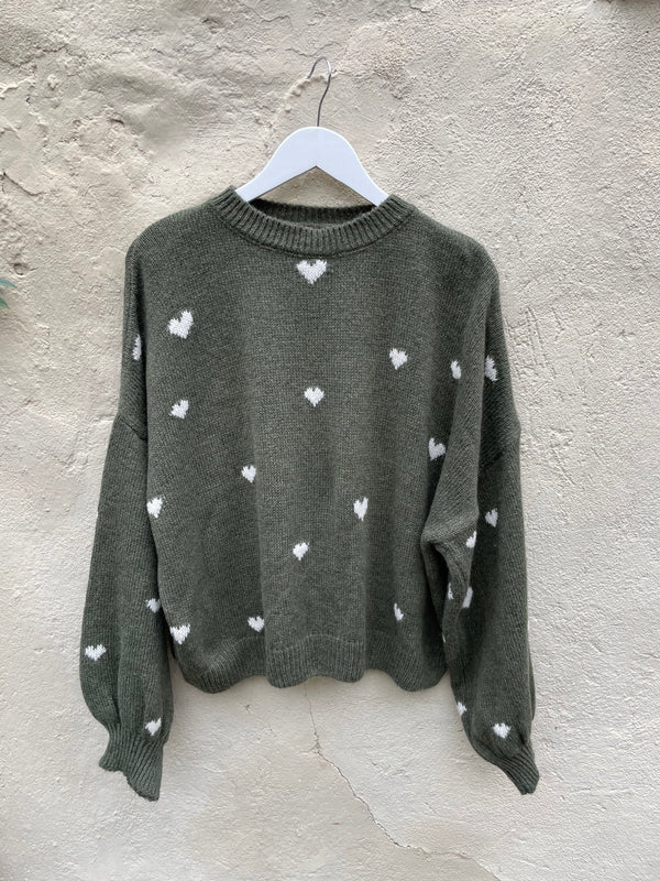 Knitted sweater hearts olive